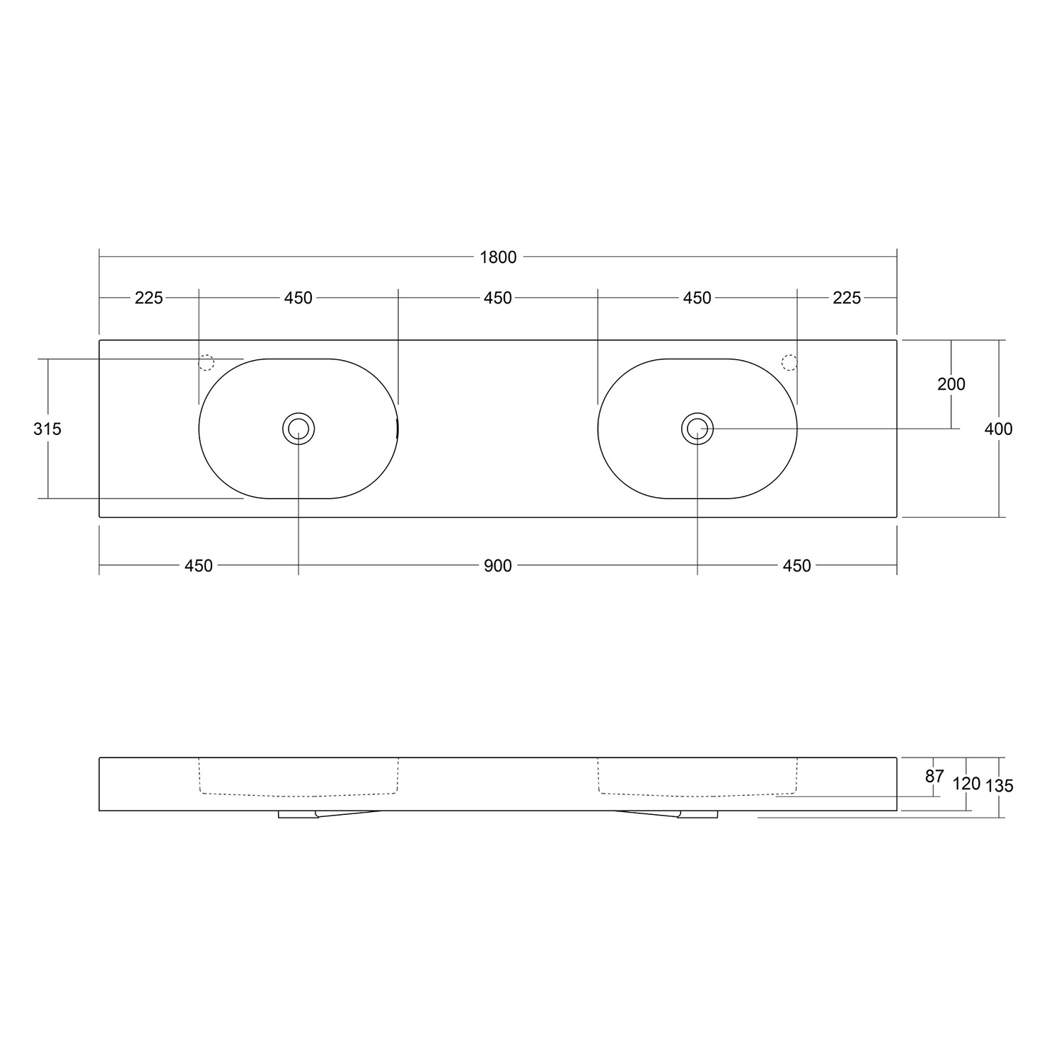 Arki 1800mm Matte White Wall Hung Double Basin with Overflow