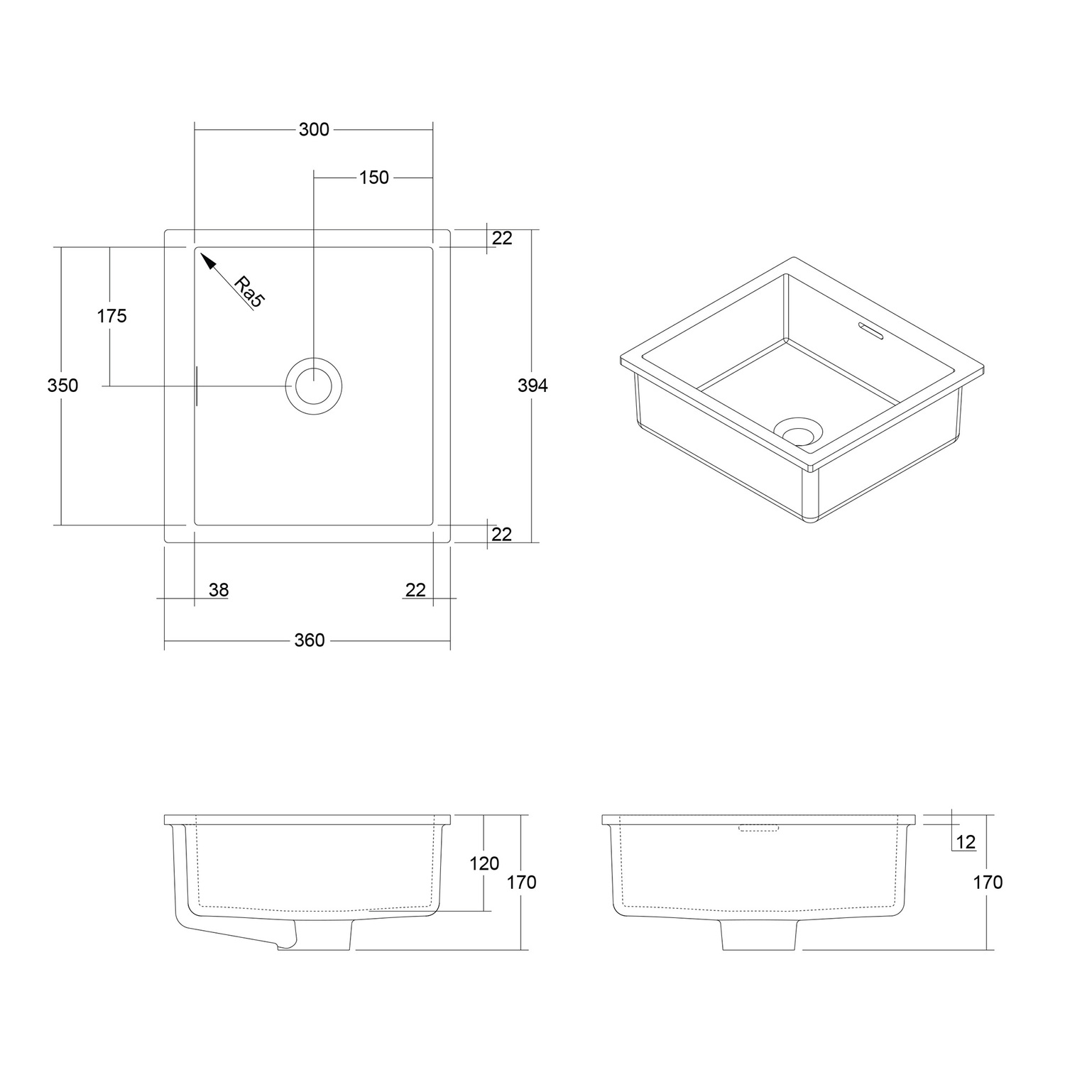Cdesign 360mm Matte White Undermount Basin with Overflow