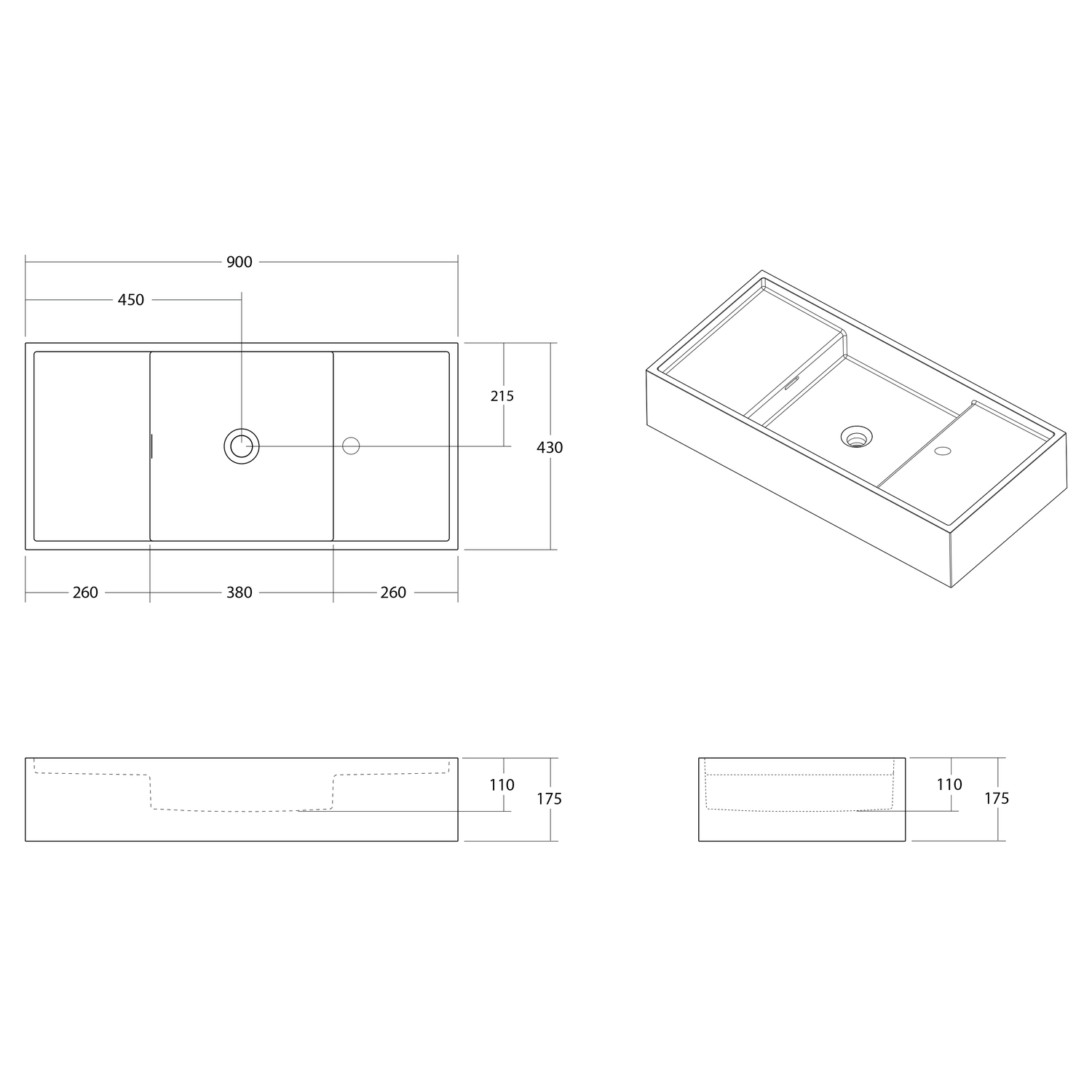 Cdesign 900mm Matte White Wall Hung Basin with Overflow