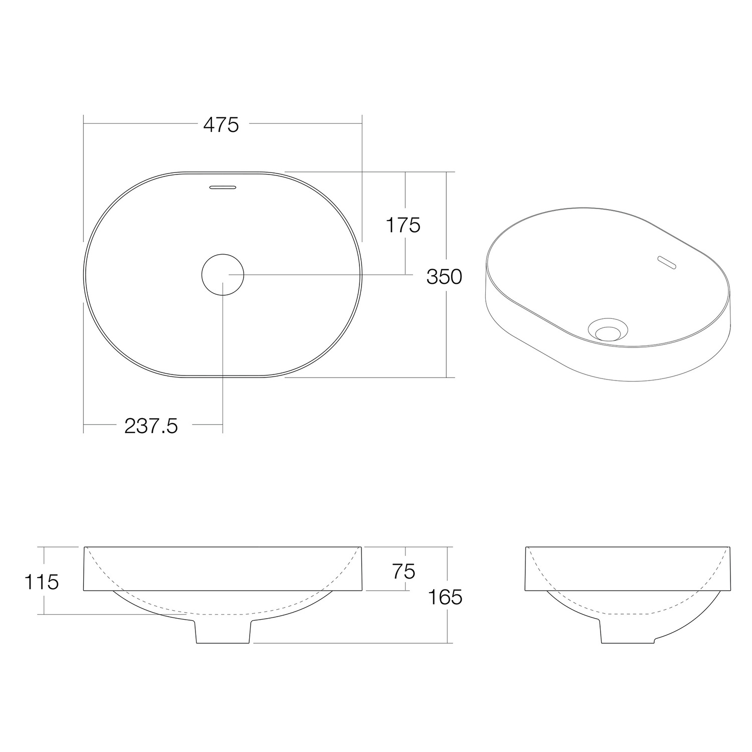 Mono 475mm Oval Semi-Inset Basin with Overflow