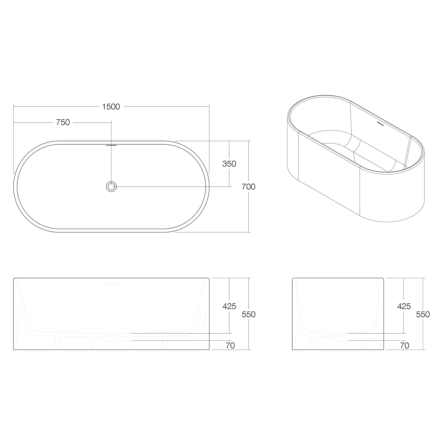Kanso Matte White Solid Surface Freestanding Bath with Overflow