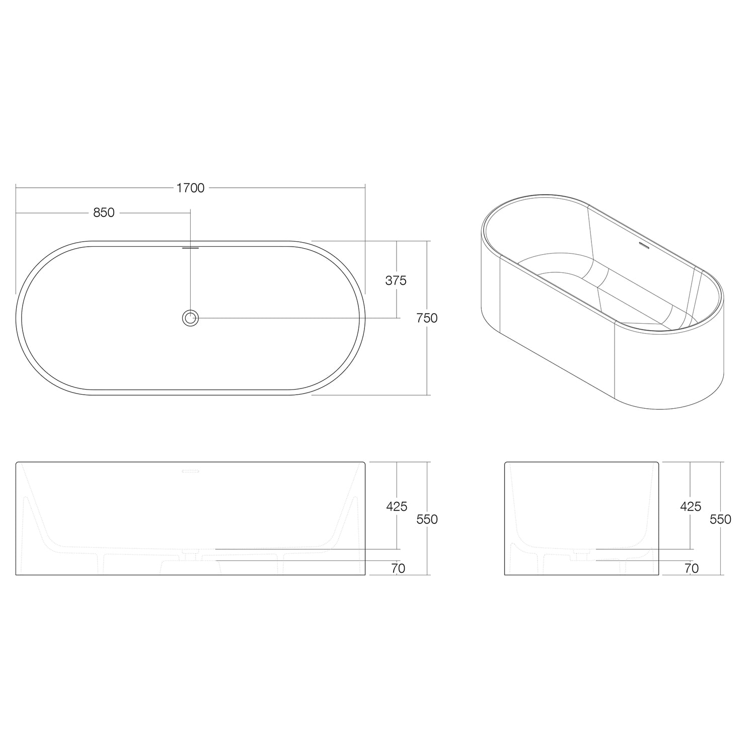 Kanso Matte White Solid Surface Freestanding Bath with Overflow