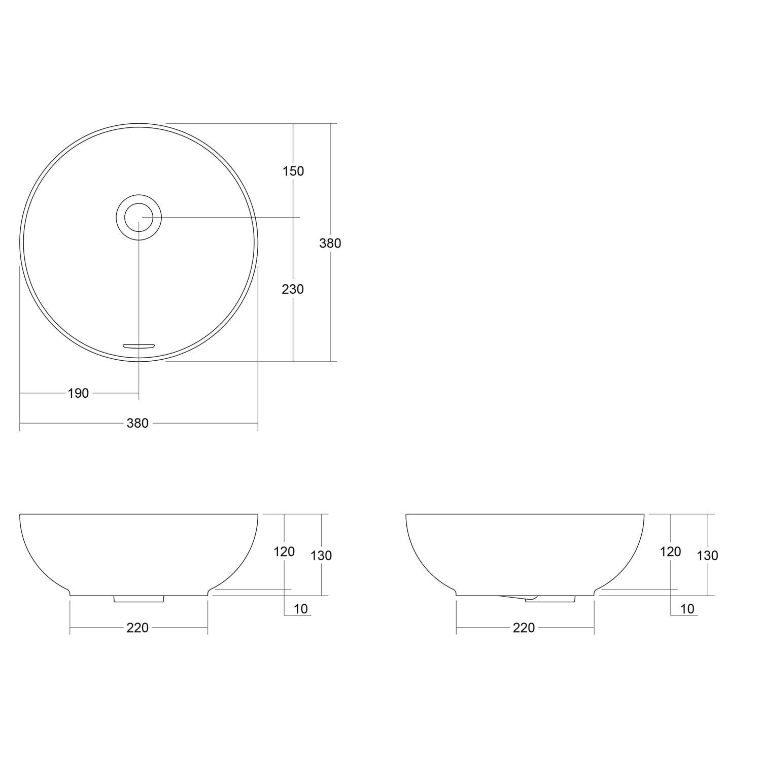 Neve 380mm Round Above Counter Basin with Overflow