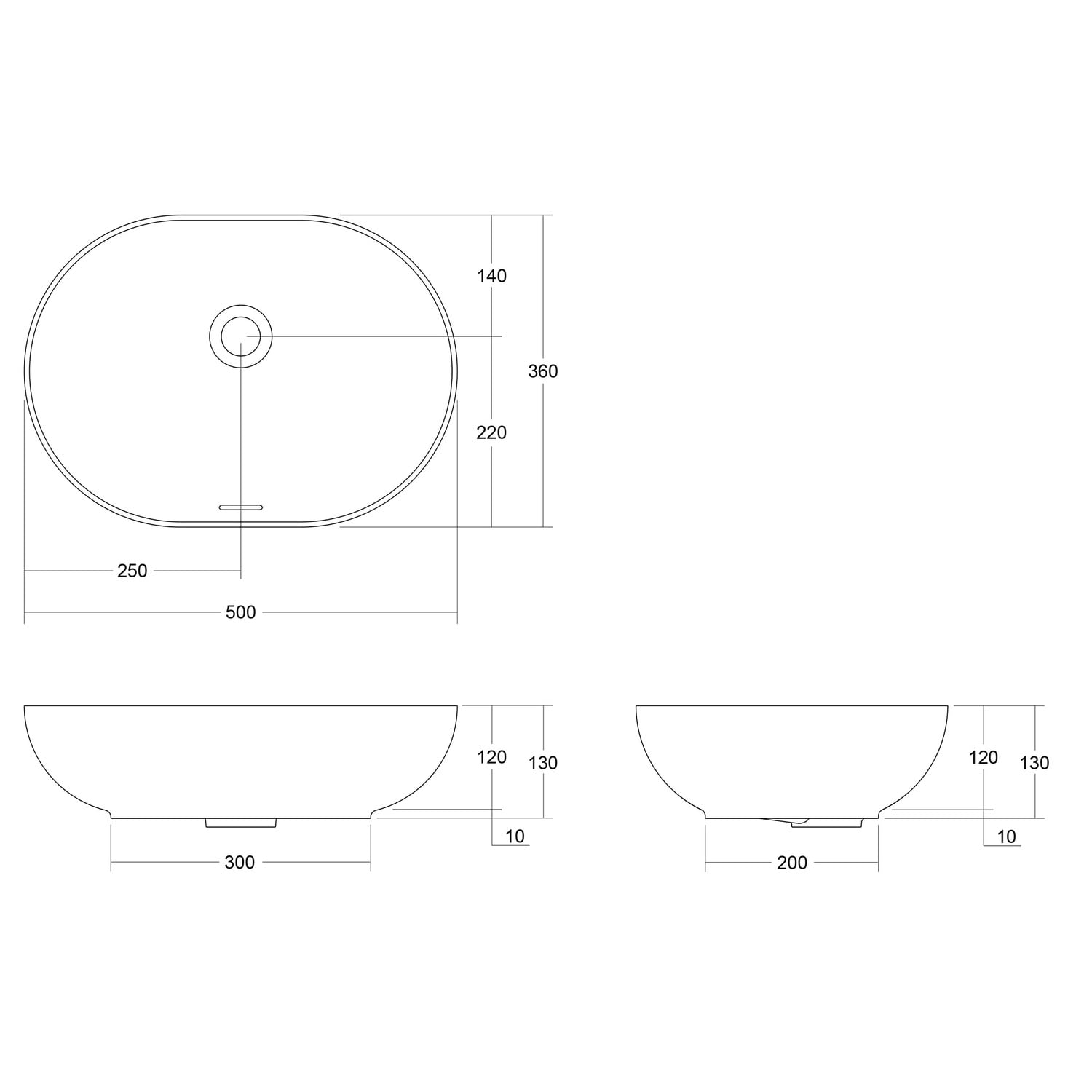 Neve 500mm Oval Above Counter Basin with Overflow