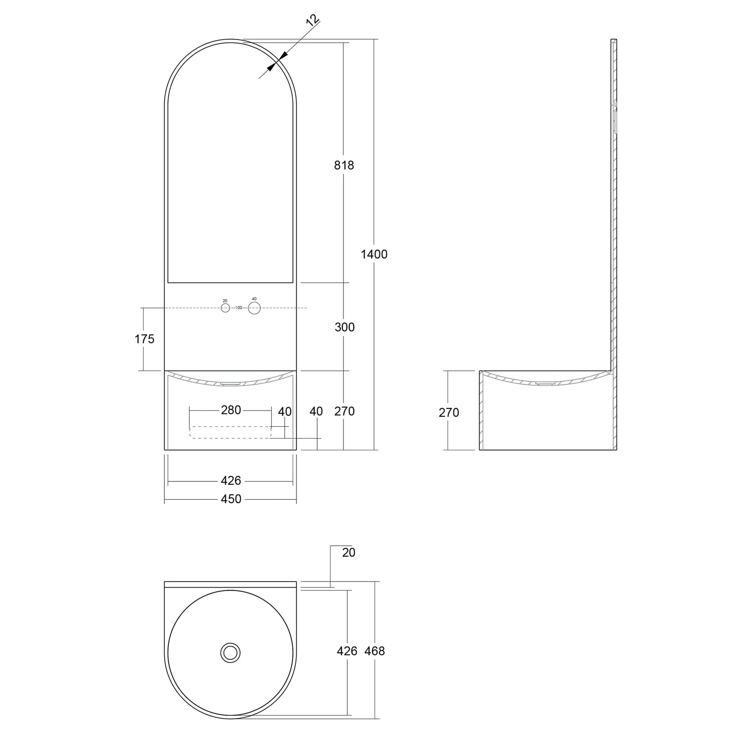 Marrakech 450mm Wall Hung Basin with Integrated Splashback & Mirror