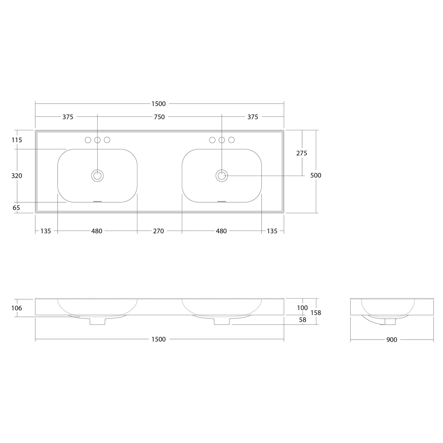 Mia 1500mm Matte White Wall Hung Double Basin with Overflow