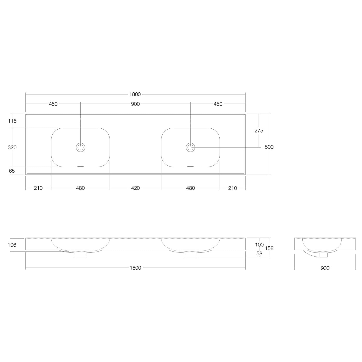 Mia 1800mm Matte White Wall Hung Double Basin with Overflow