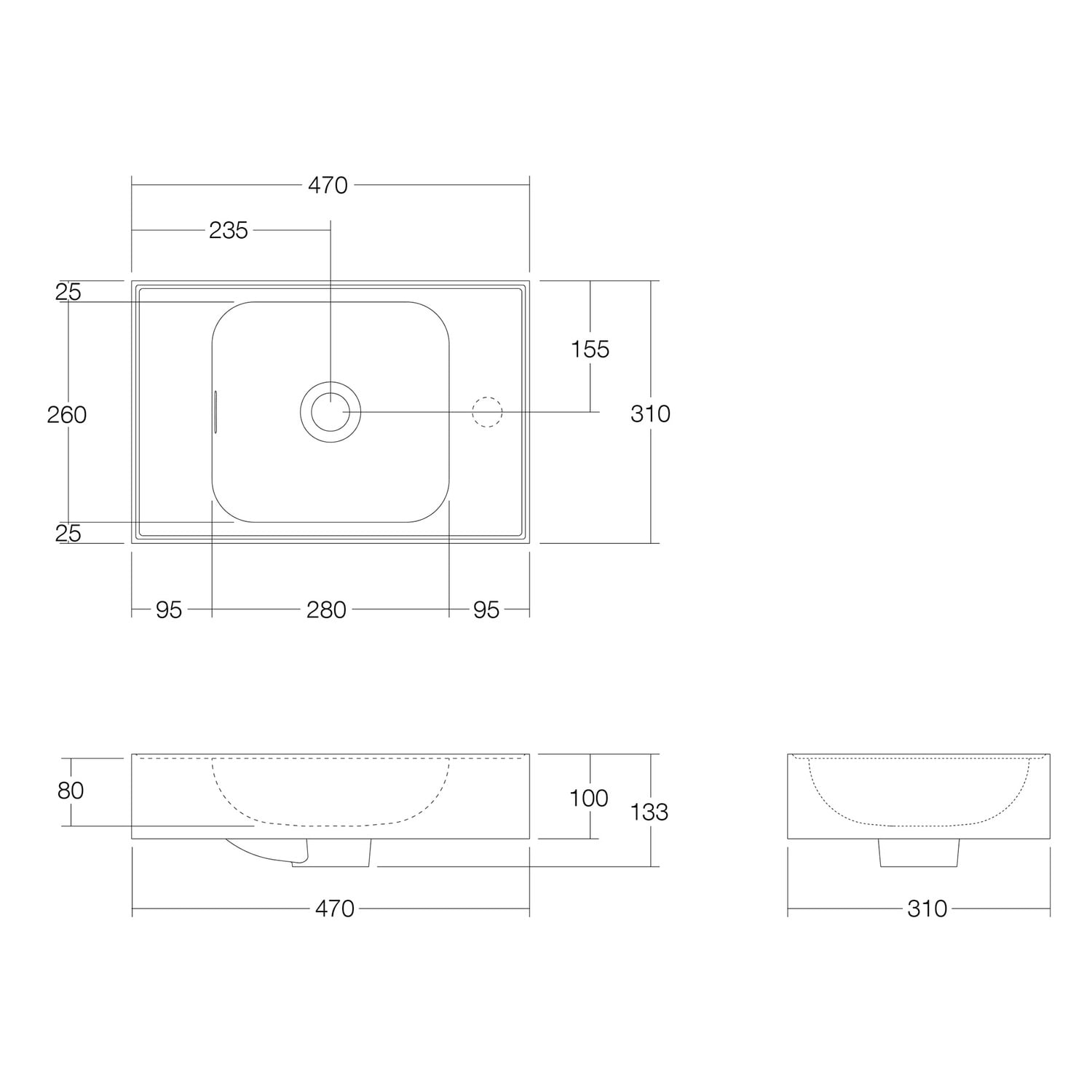 Mia 470mm Matte White Wall Hung Basin with Overflow
