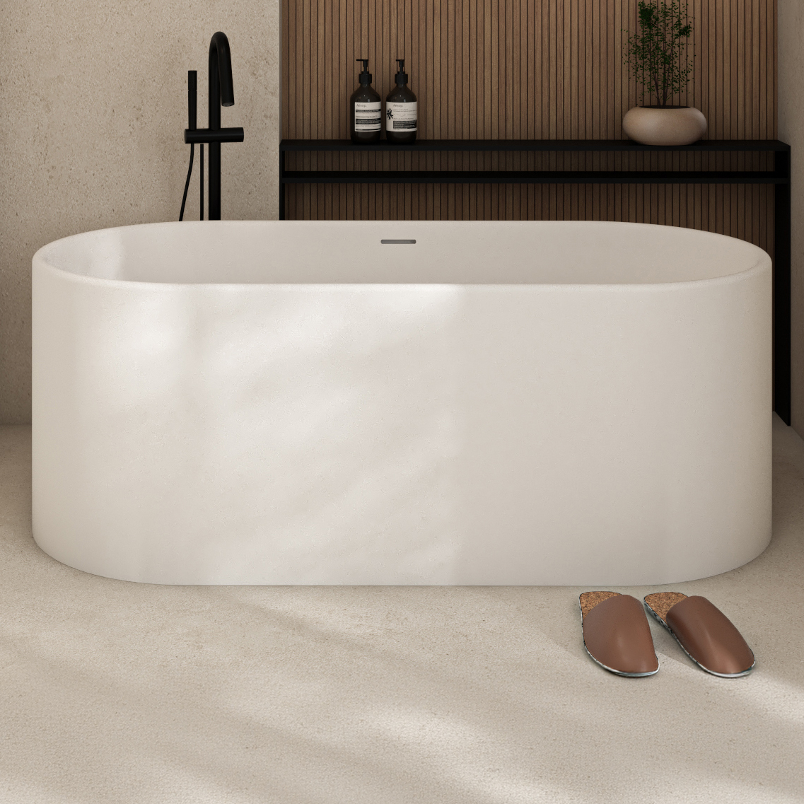 Kanso Matte White Solid Surface Freestanding Bath with Overflow