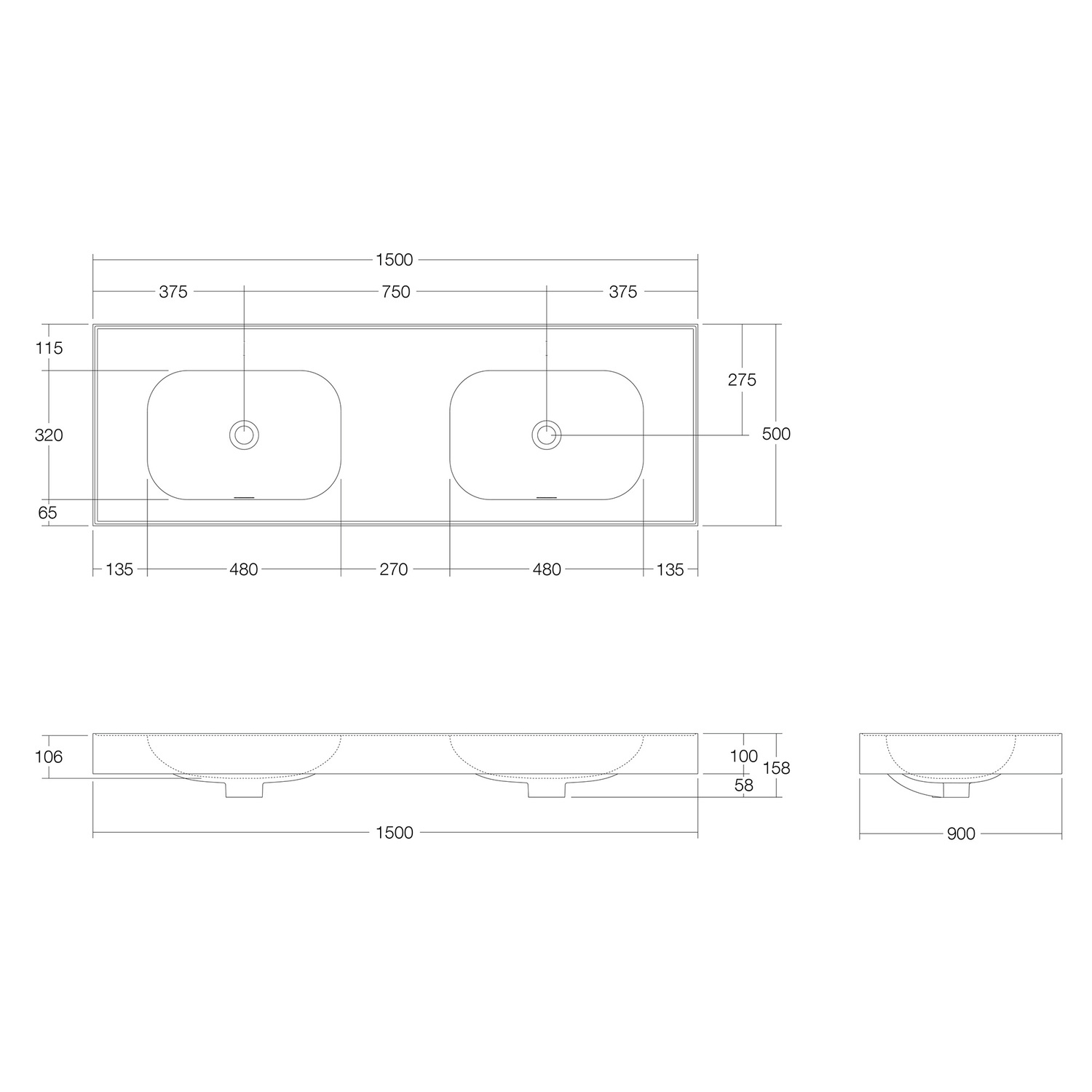 Mia 1500mm Matte White Wall Hung Double Basin with Overflow
