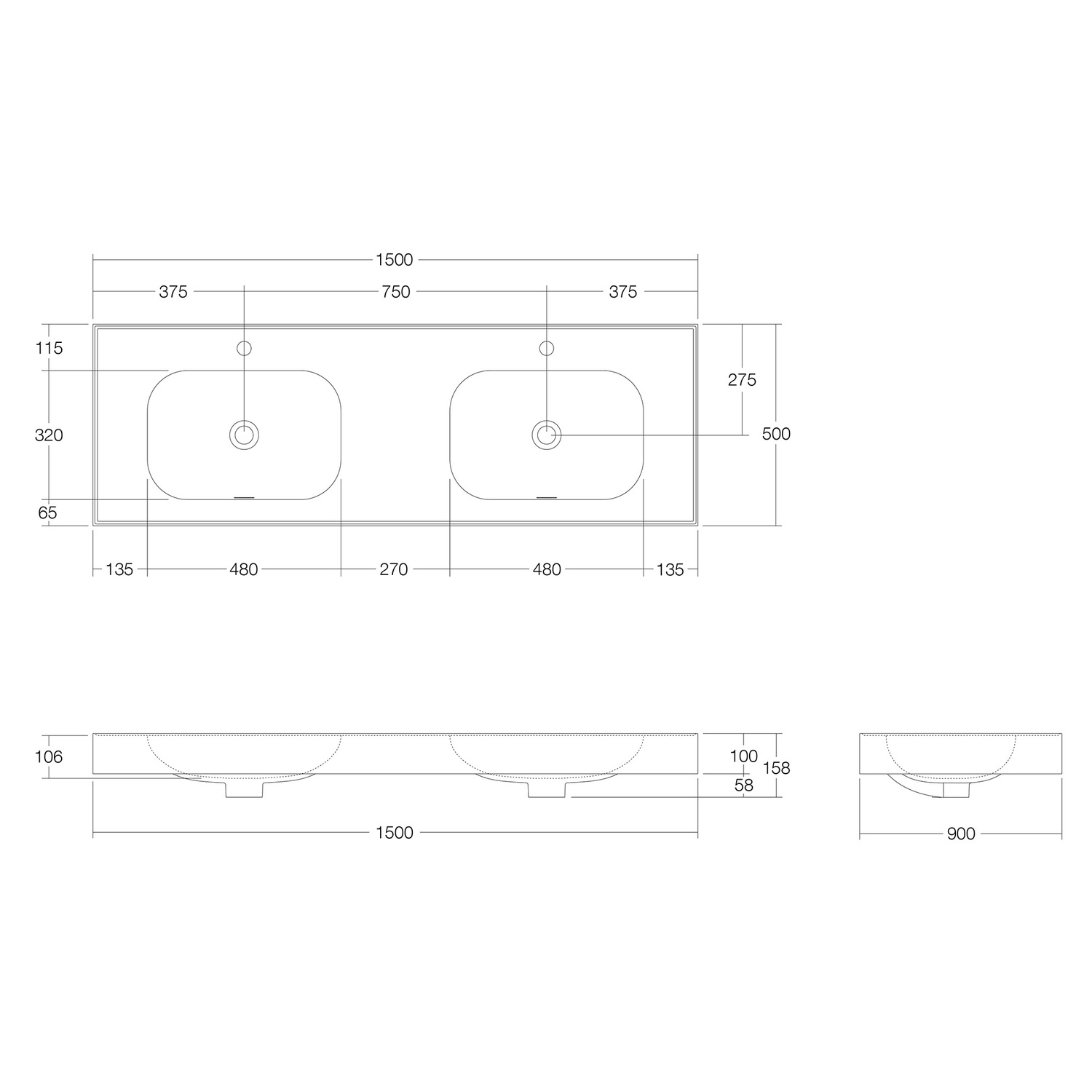 Mia 1500mm Matte White Wall Hung Double Basin with Overflow