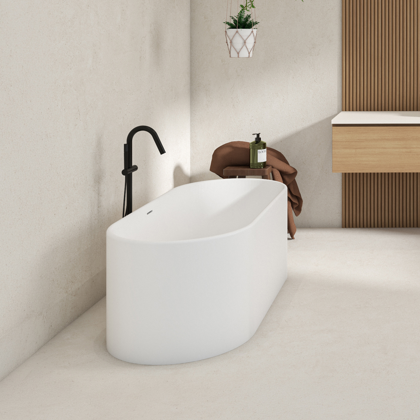 Kanso Matte White Solid Surface Freestanding Bath with Overflow