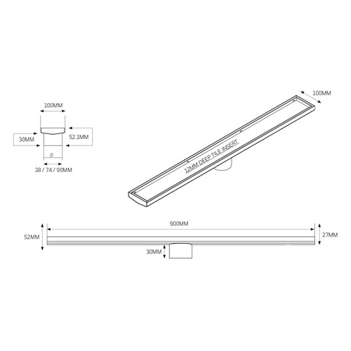 9cm Outlet Linear Tile Insert Shower Grate Floor Drain