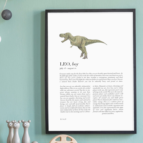 Leo Child Dinosaur T-Rex Framed Printed Wall Art