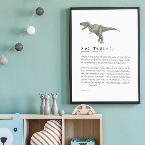 Sagittarius Child Dino T-Rex Framed Printed Wall Art