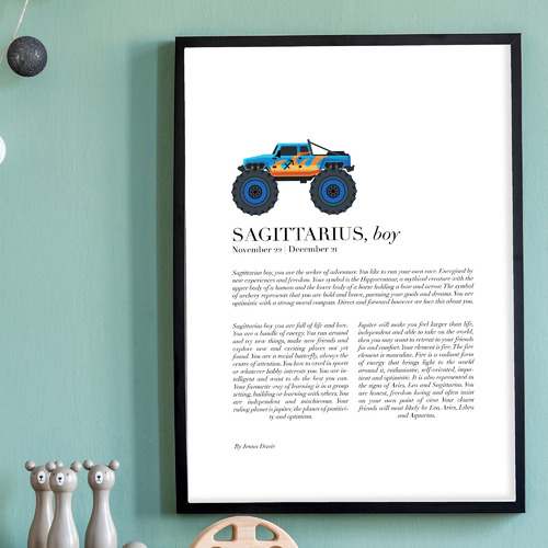 Sagittarius Child, Monster Truck Framed Printed Wall Art