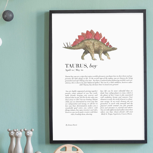 Taurus Child Dino Stegosaurus Framed Printed Wall Art