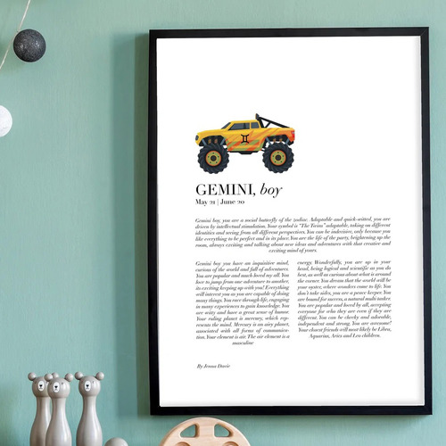 Gemini Child, Monster Truck Framed Printed Wall Art