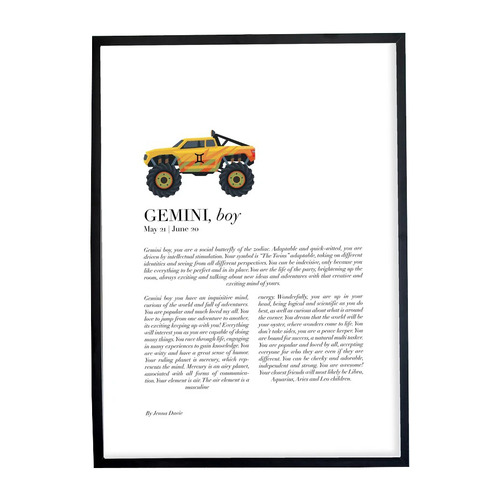 Gemini Child Monster Truck Framed Printed Wall Art