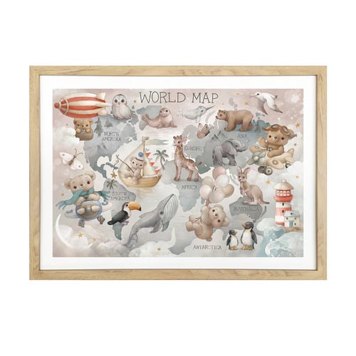 Vintage World Map Animal Framed Printed Wall Art