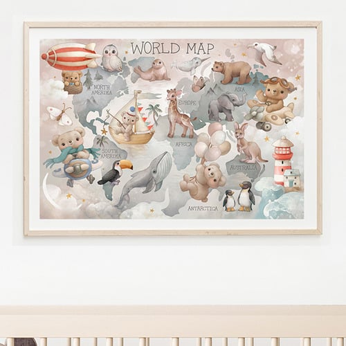 Vintage World Map Animal Framed Printed Wall Art