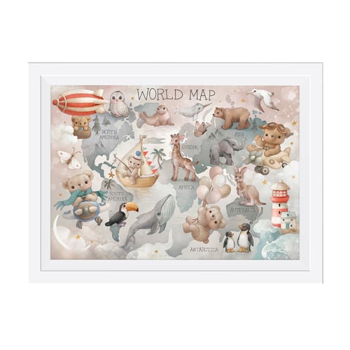 Vintage World Map Animal Framed Printed Wall Art