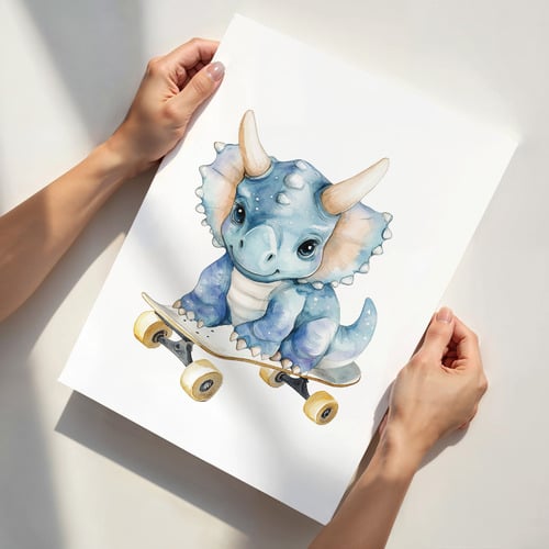 Triceratops with Skateboard Printed Wall Art
