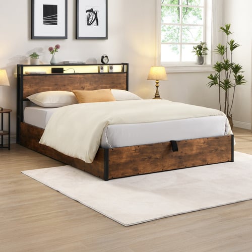 Rustic Brown Linford Gas Lift Storage Bed with LED