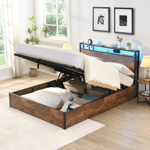 Rustic Brown Linford Gas Lift Storage Bed with LED