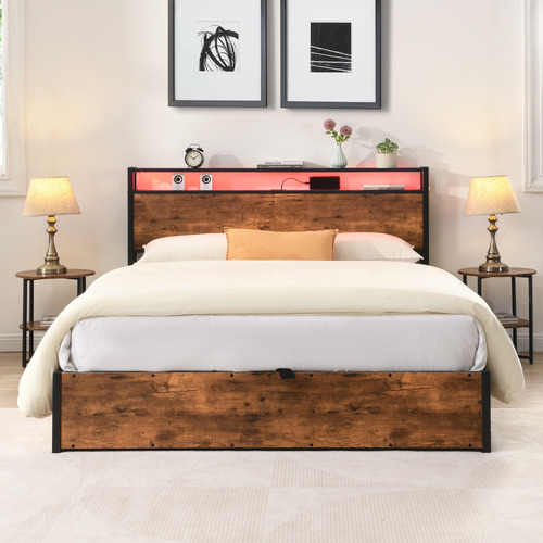 Rustic Brown Linford Gas Lift Storage Bed with LED