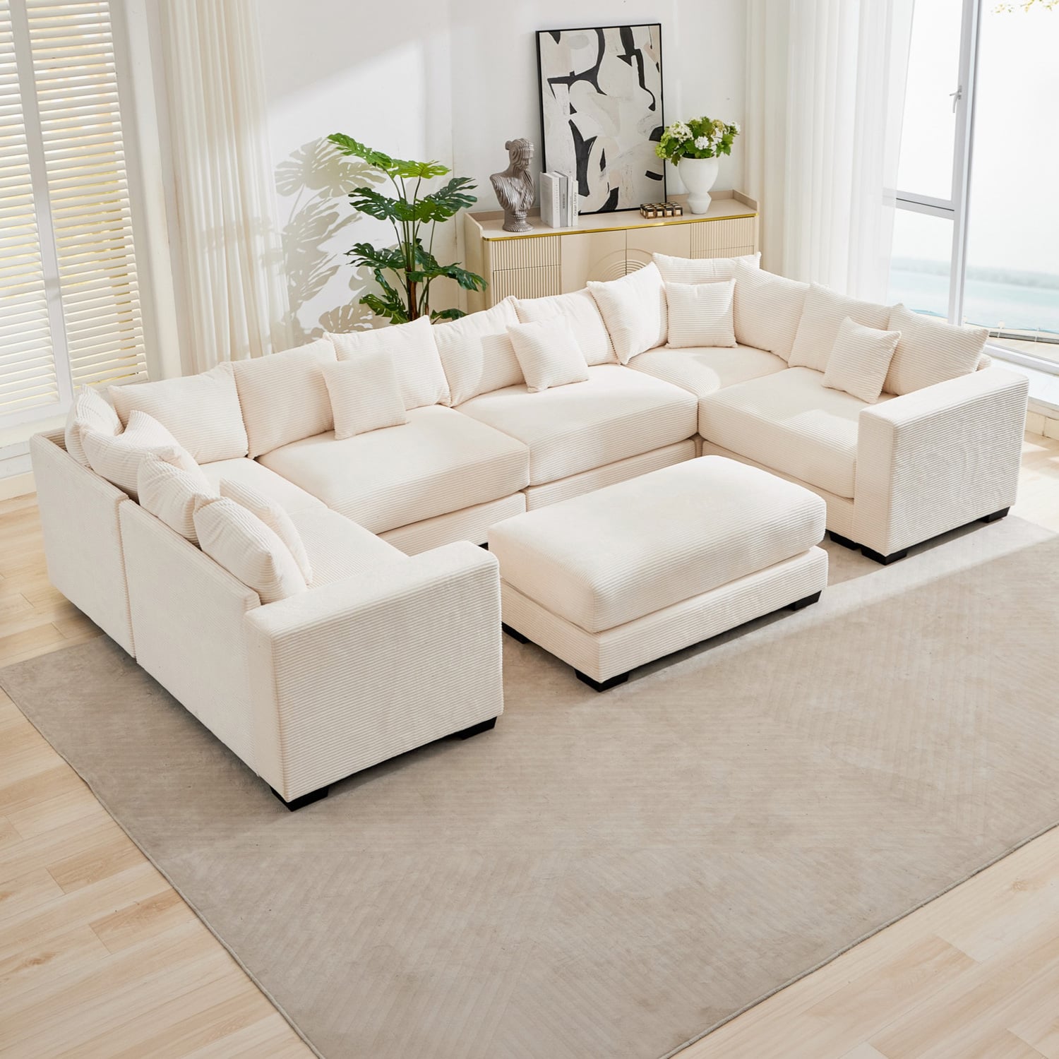 Winona 5 Seater Corduroy Modular Sofa & Ottoman Set