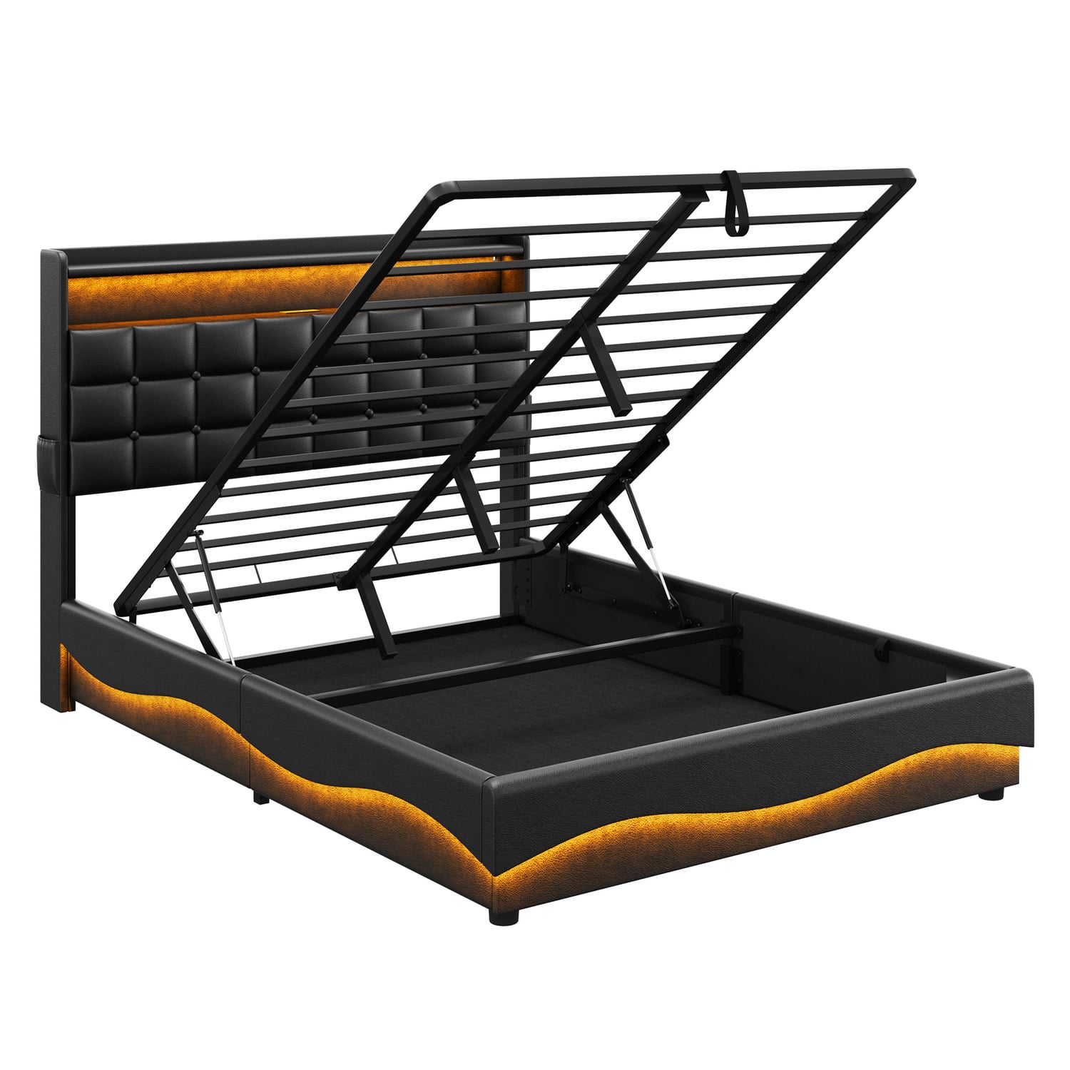 Facardo Faux Leather Gas Lift Storage Bed with LED & Charging Station
