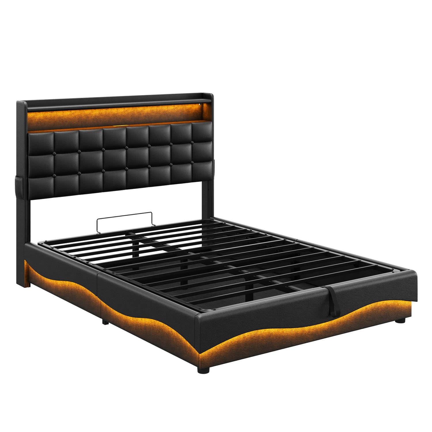 Facardo Faux Leather Gas Lift Storage Bed with LED & Charging Station