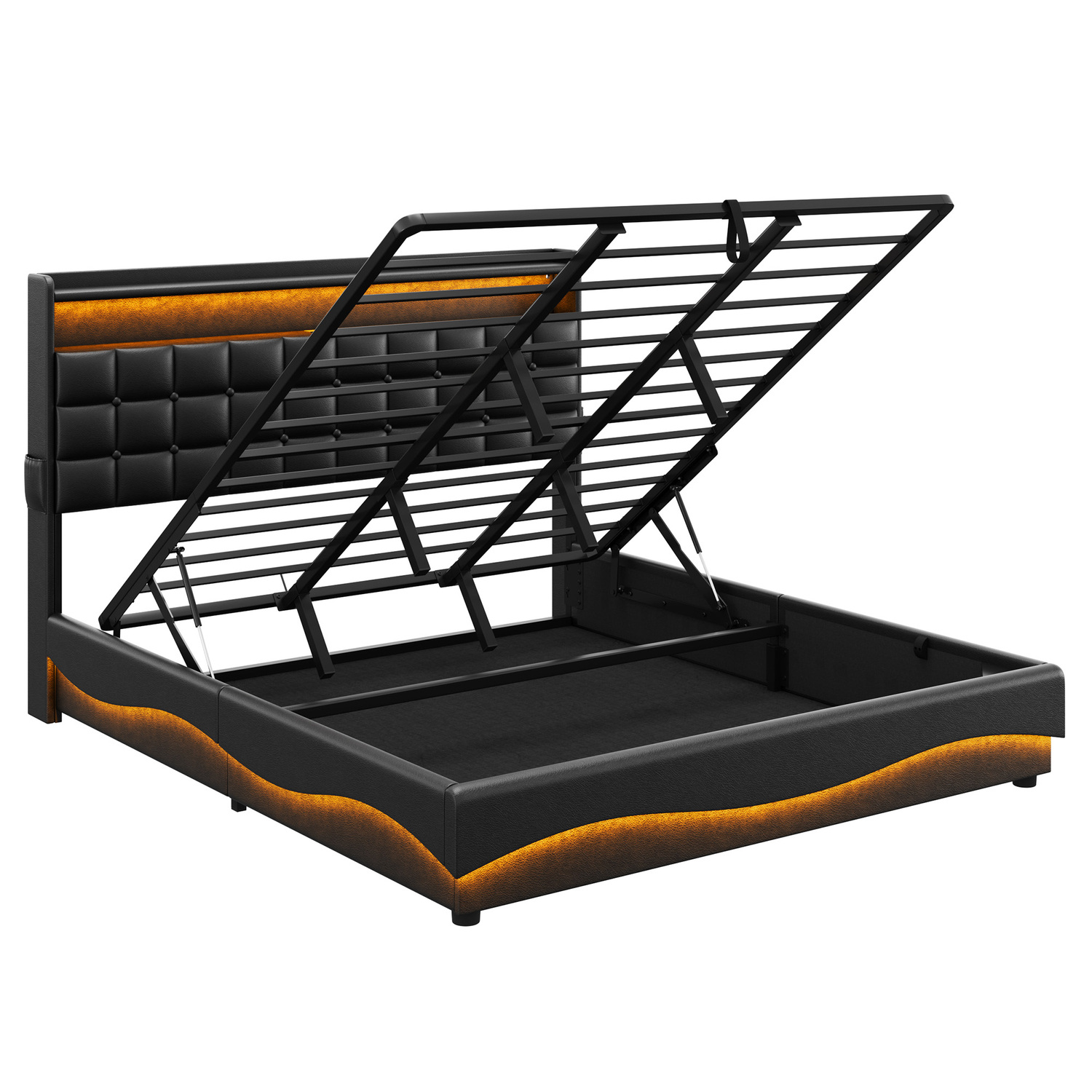 Facardo Faux Leather Gas Lift Storage Bed with LED & Charging Station