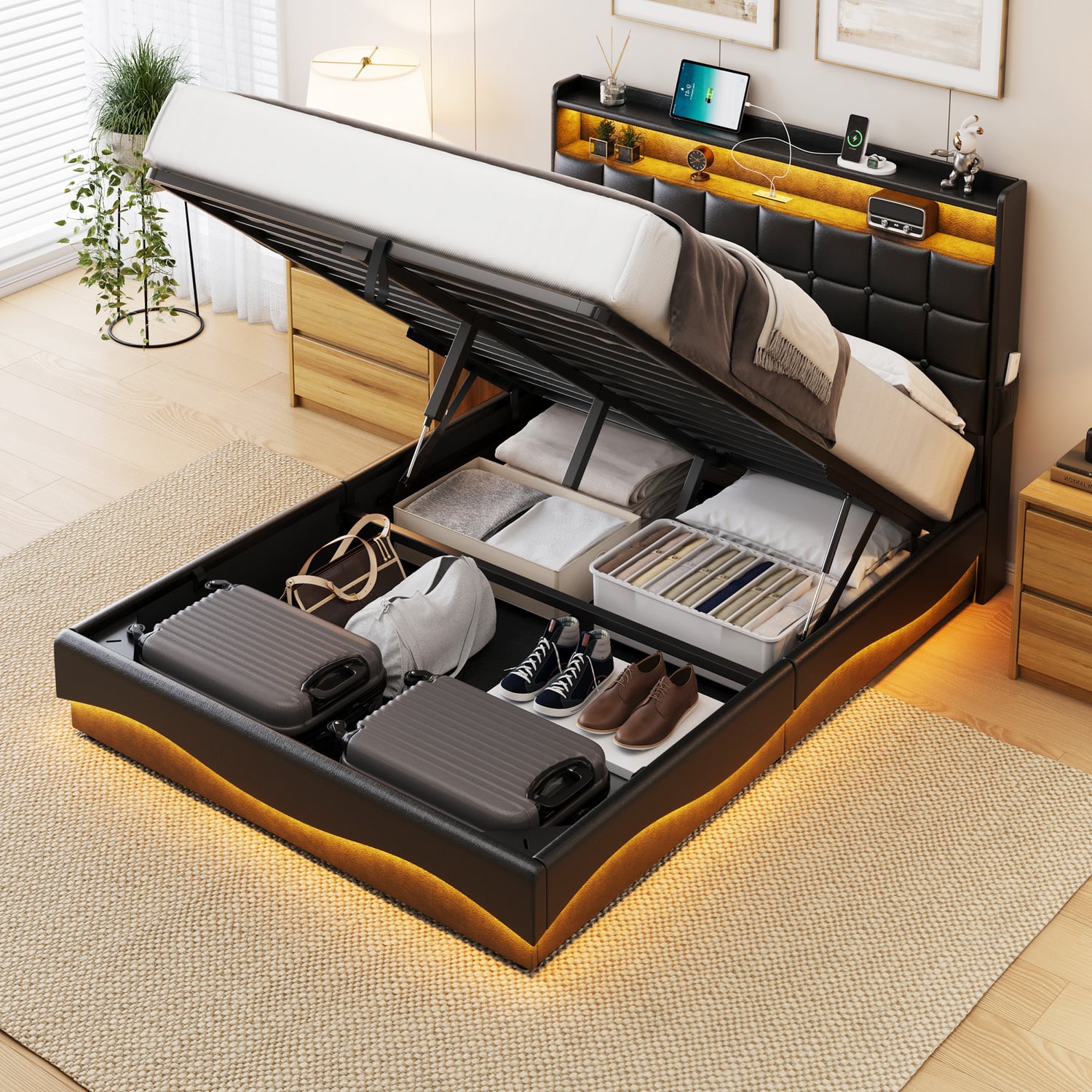 Facardo Faux Leather Gas Lift Storage Bed with LED & Charging Station