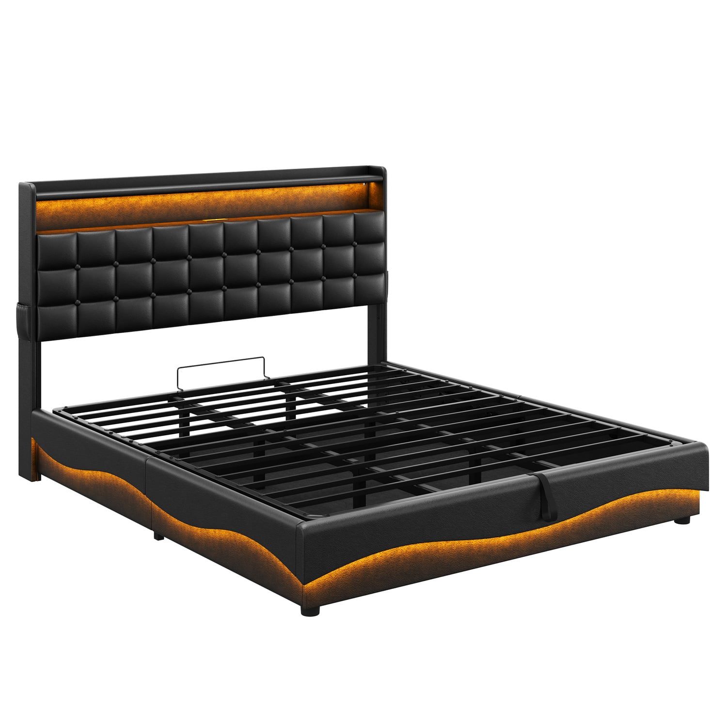 Facardo Faux Leather Gas Lift Storage Bed with LED & Charging Station