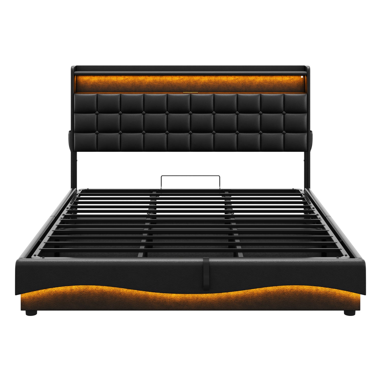 Facardo Faux Leather Gas Lift Storage Bed with LED & Charging Station