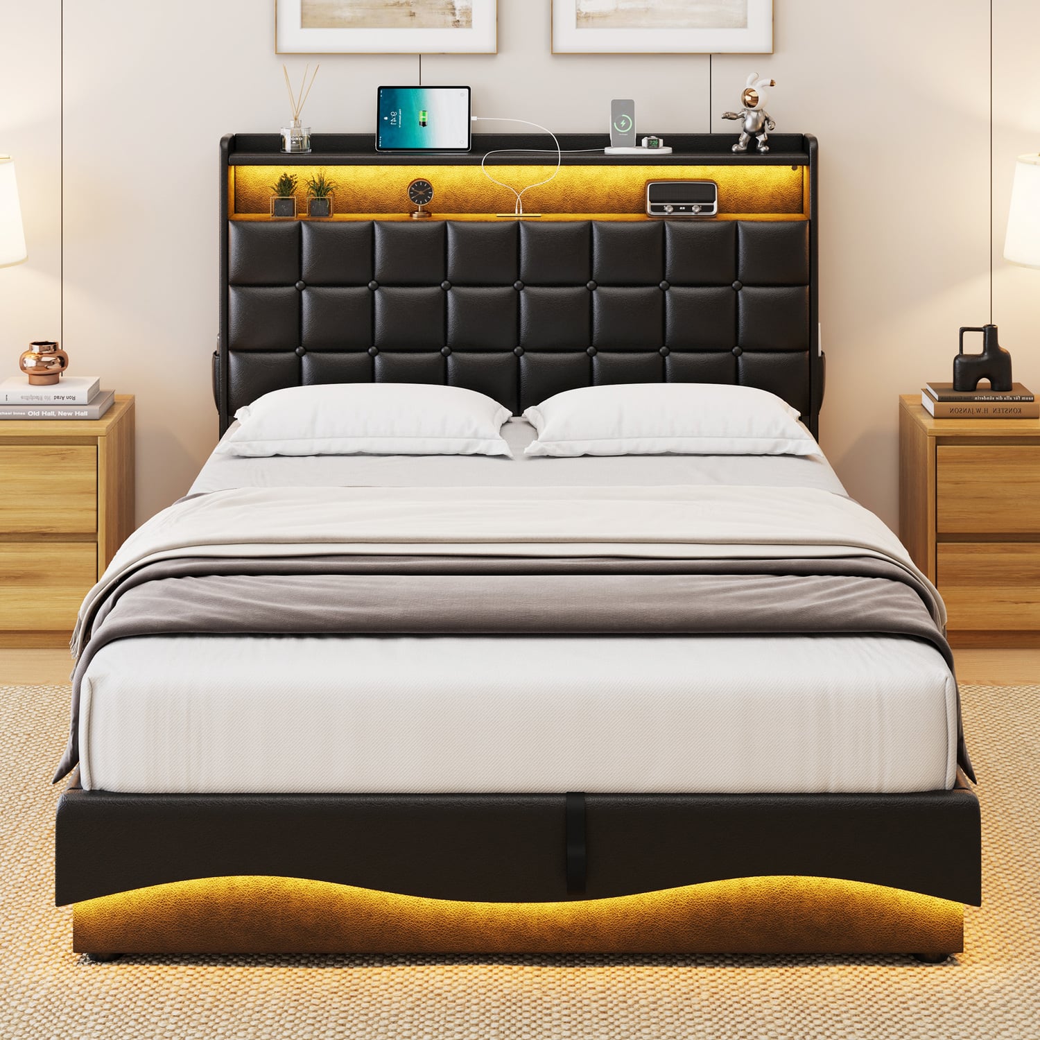 Facardo Faux Leather Gas Lift Storage Bed with LED & Charging Station
