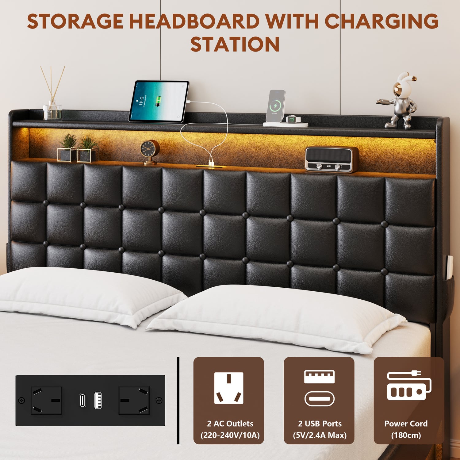 Facardo Faux Leather Gas Lift Storage Bed with LED & Charging Station