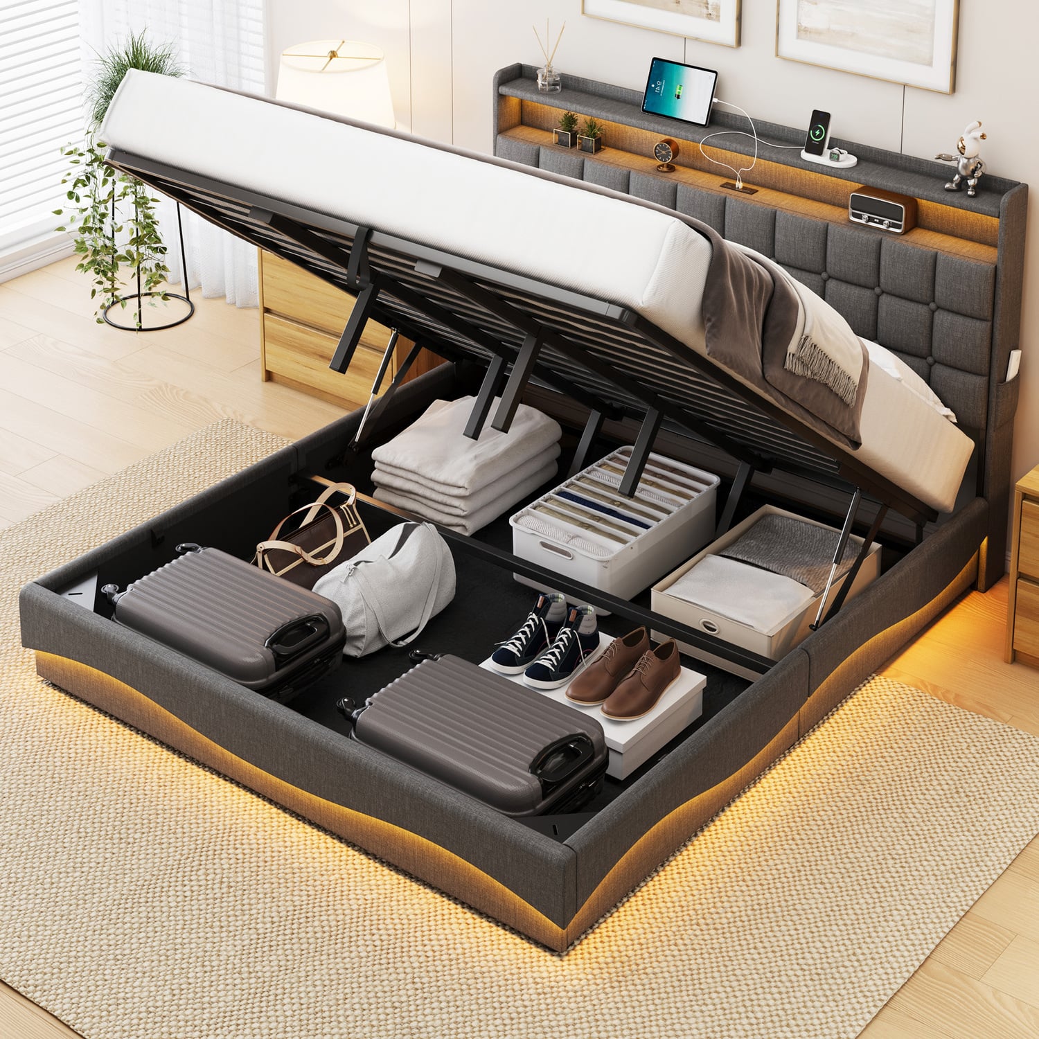 Facardo Gas Lift Storage Bed with LED & Charging Station