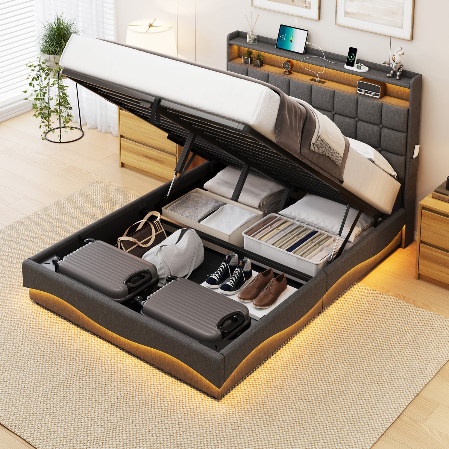 Facardo Gas Lift Storage Bed with LED & Charging Station