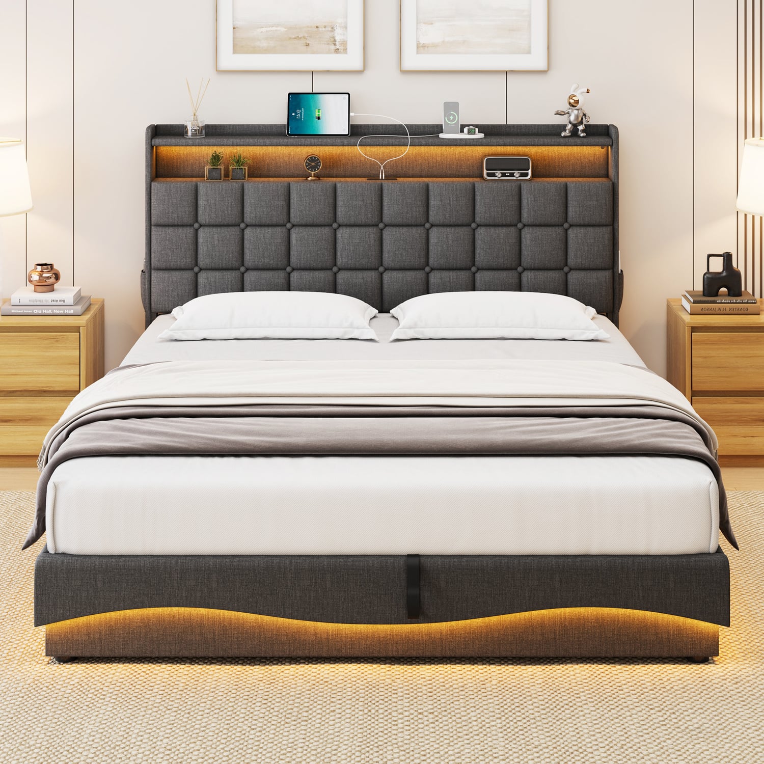 Facardo Gas Lift Storage Bed with LED & Charging Station