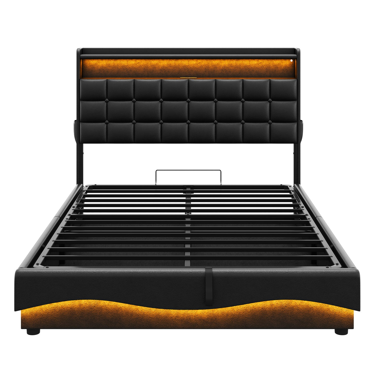 Facardo Faux Leather Gas Lift Storage Bed with LED & Charging Station