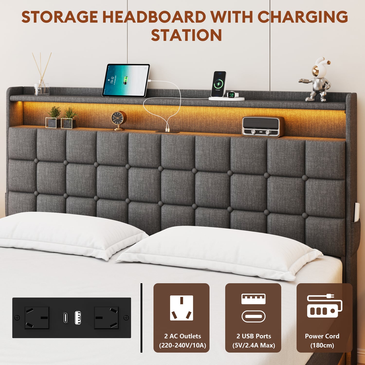 Facardo Gas Lift Storage Bed with LED & Charging Station