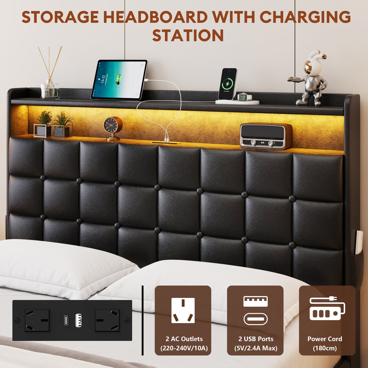 Facardo Faux Leather Gas Lift Storage Bed with LED & Charging Station