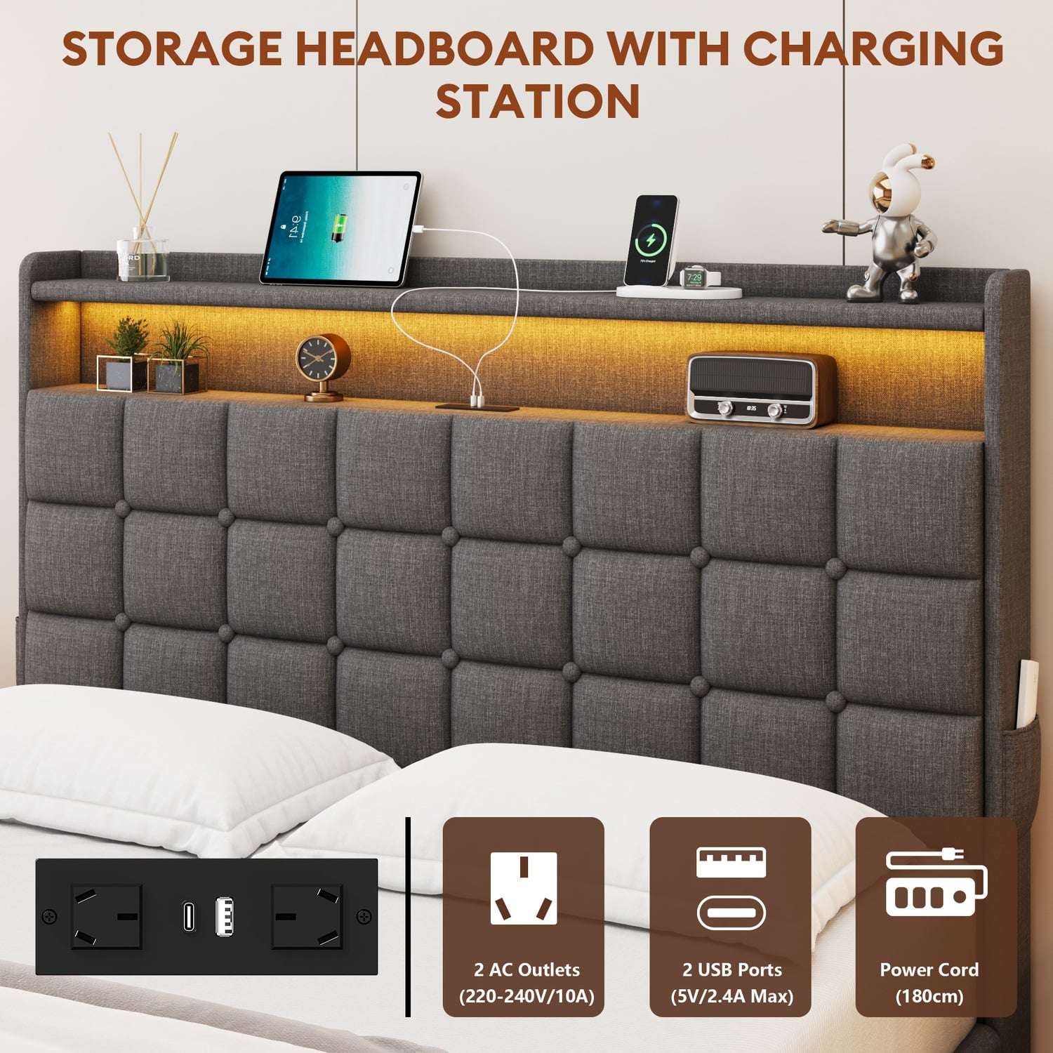 Facardo Gas Lift Storage Bed with LED & Charging Station