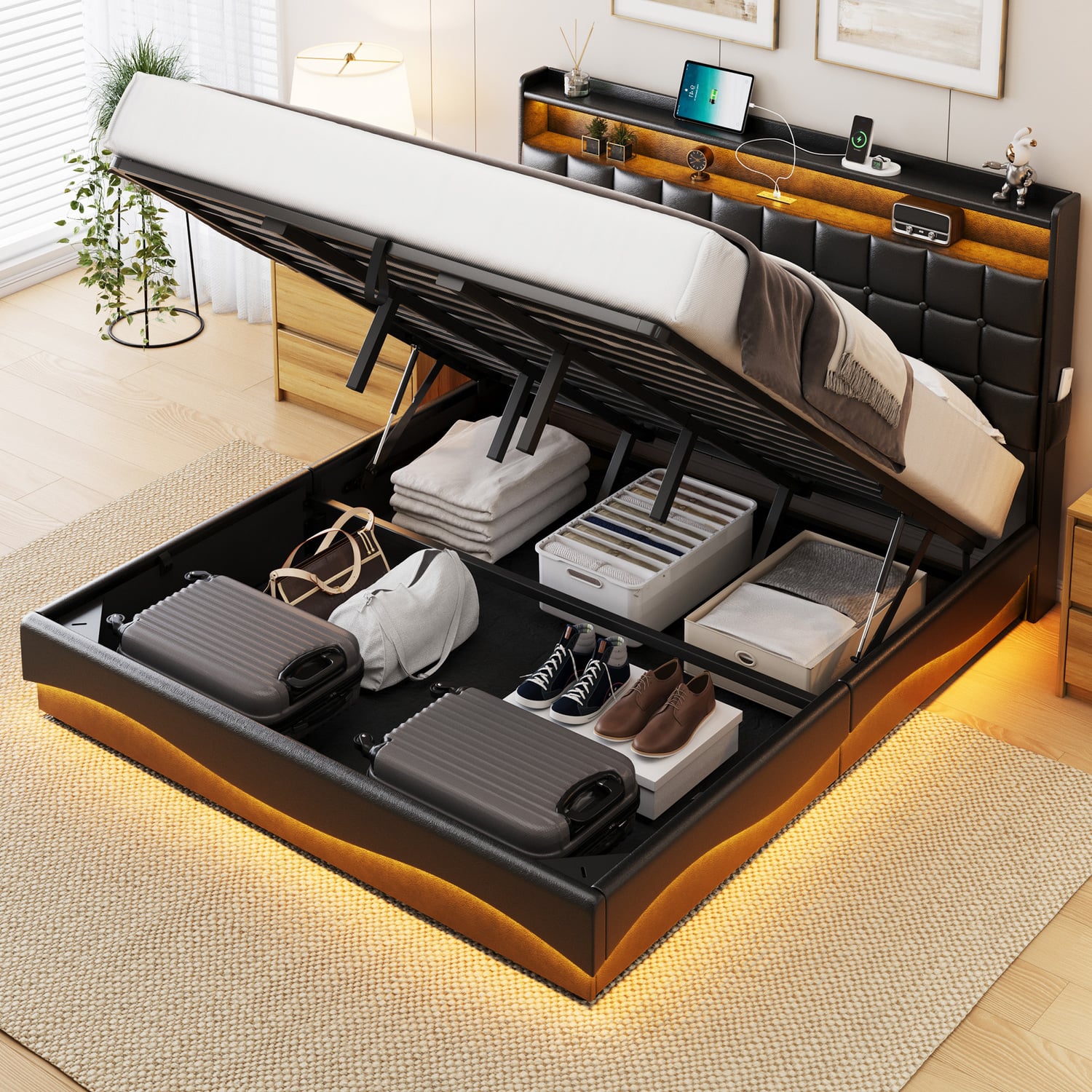 Facardo Faux Leather Gas Lift Storage Bed with LED & Charging Station