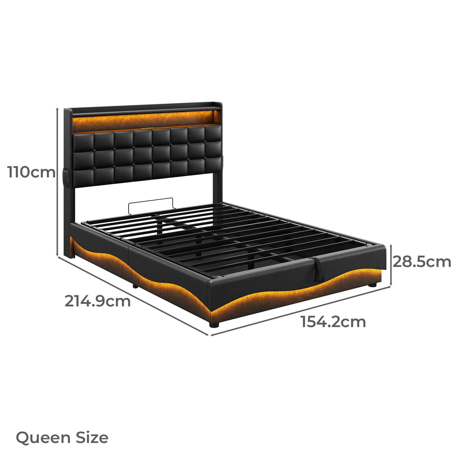 Facardo Faux Leather Gas Lift Storage Bed with LED & Charging Station