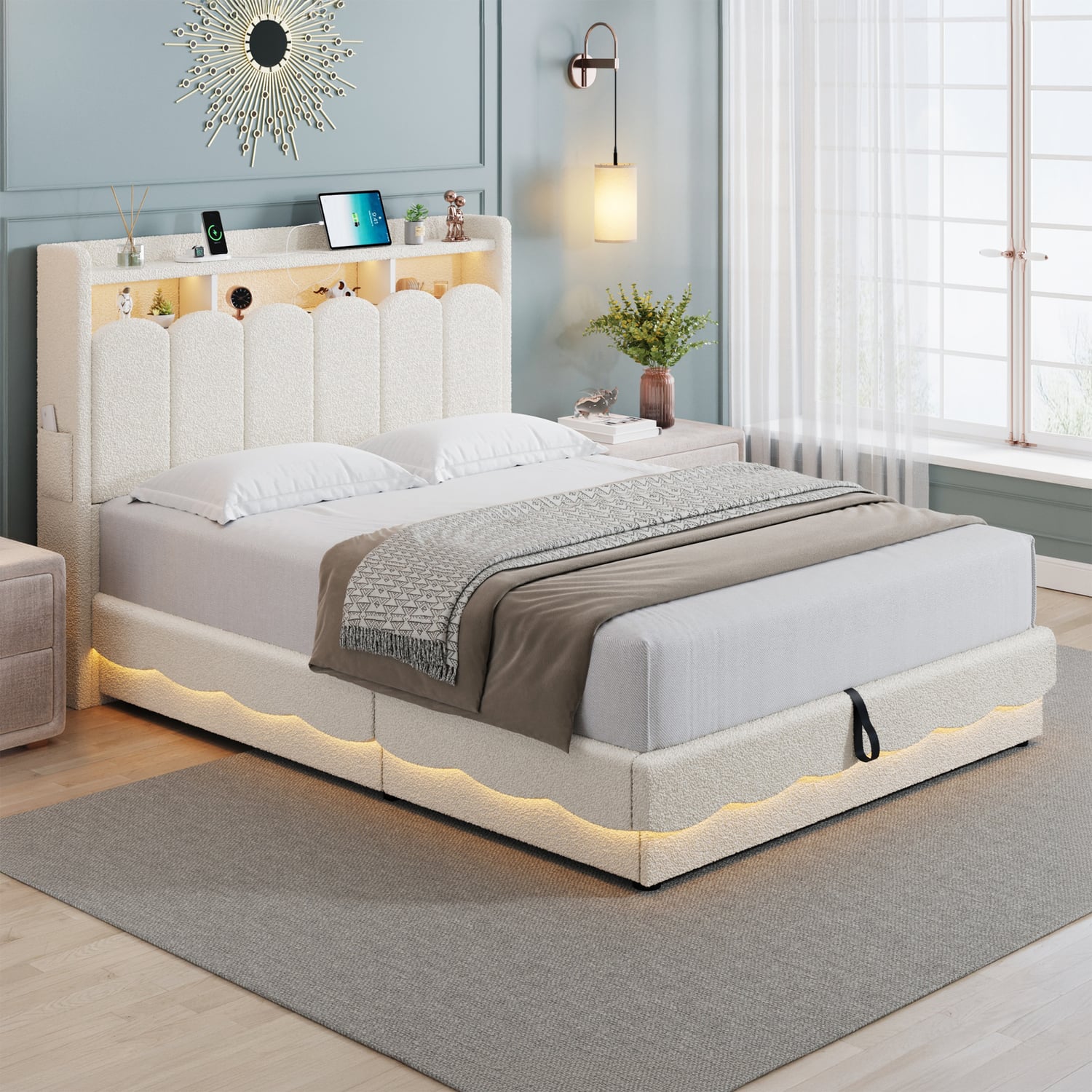 Lotus Boucle Gas Lift Bed Frame with Charging Station