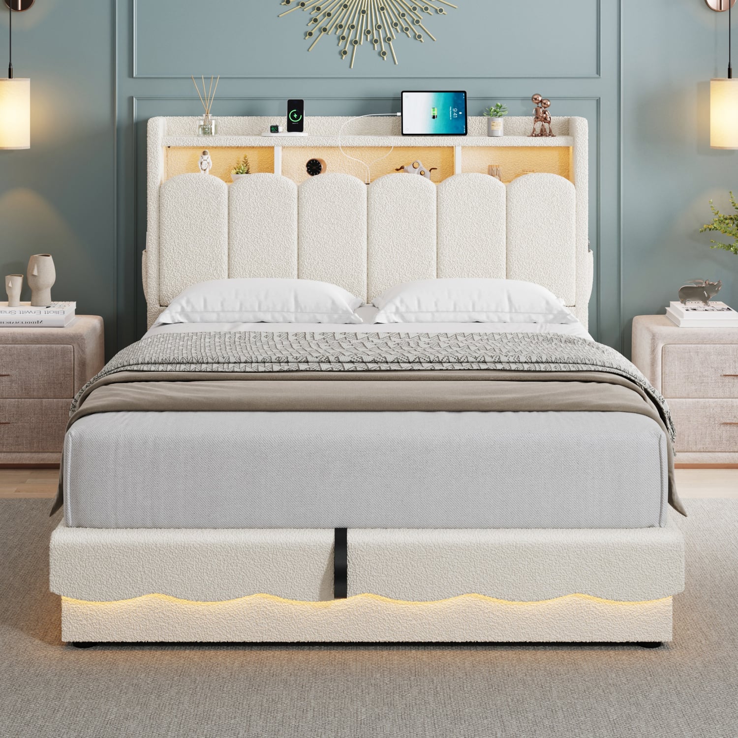 Lotus Boucle Gas Lift Bed Frame with Charging Station